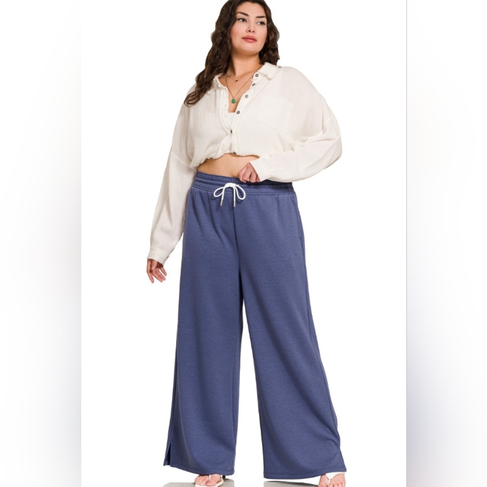 (Plus) Women's Scuba Drawstring  Wide-Leg Pants. Blue Indigo